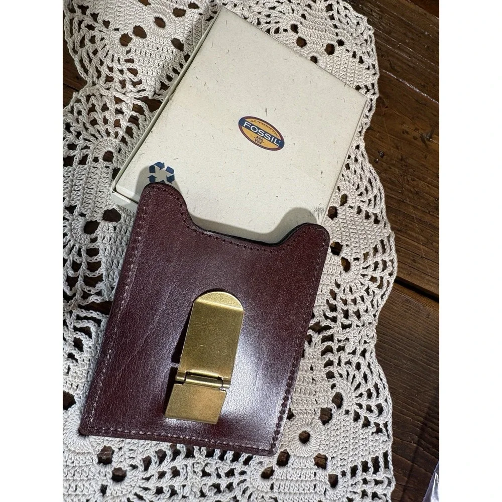 Fossil Money Clip Mens Wallet Holder Brown Leather No Fold Credit Card NEW w Box